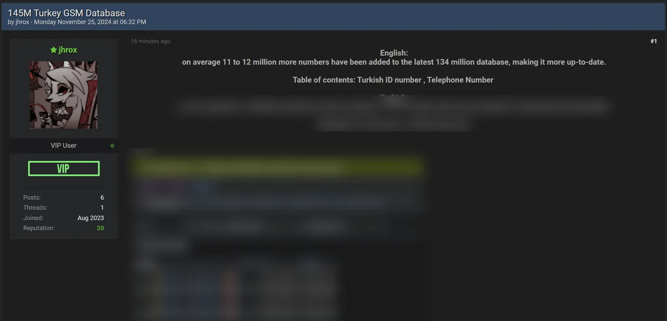 A Threat Actor Claims to have Leaked the Turkey GSM Database
