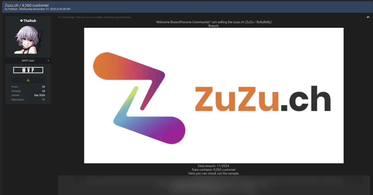 A Threat Actor is Allegedly Selling the Data of ZuZu[.]ch