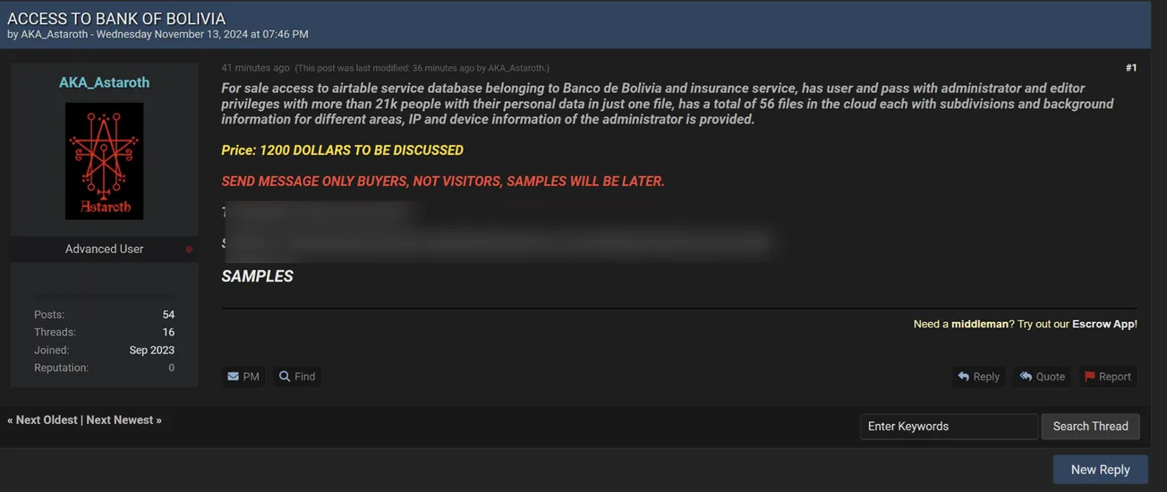 A Threat Actor is Selling Access of Banco de Bolivia