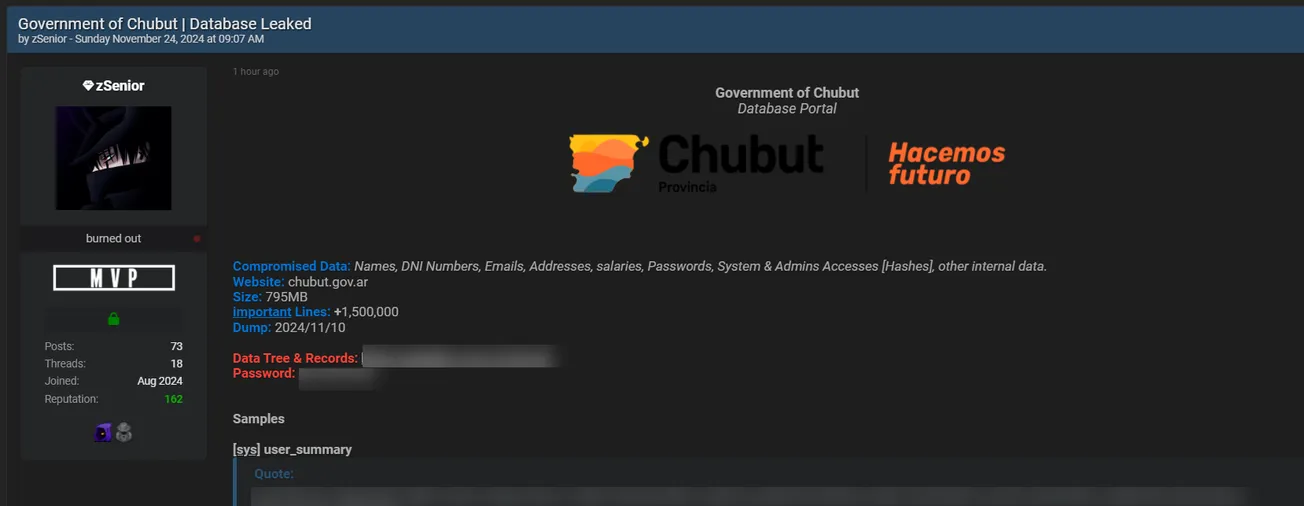 A Threat Actor Allegedly Leaked the Database of Government of Chubut