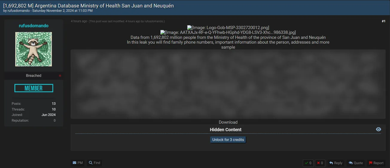 A Threat Actor Has Allegedly Leaked Data of Ministry of Health San Juan and Neuquén