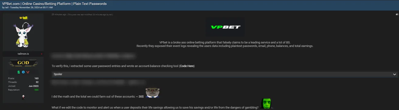 tail Claims to Have Leaked Data of VPbet