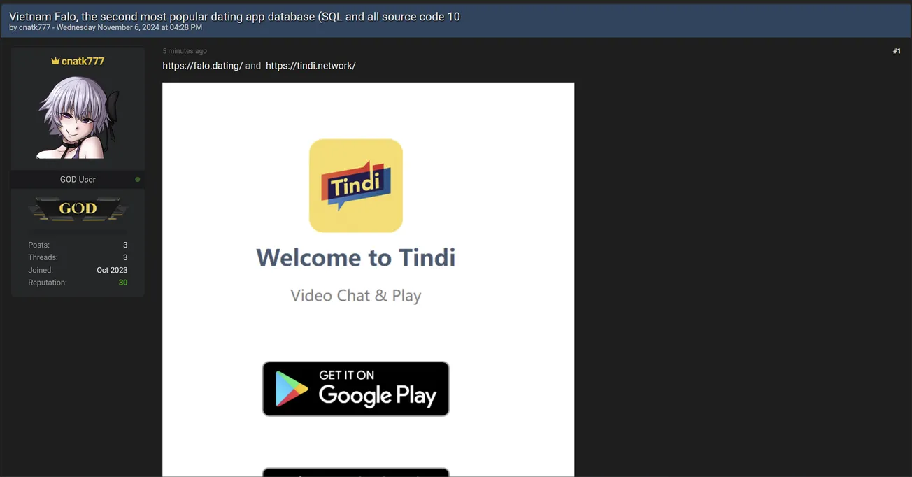 A Threat Actor is Allegedly Selling Data of Tindi Network