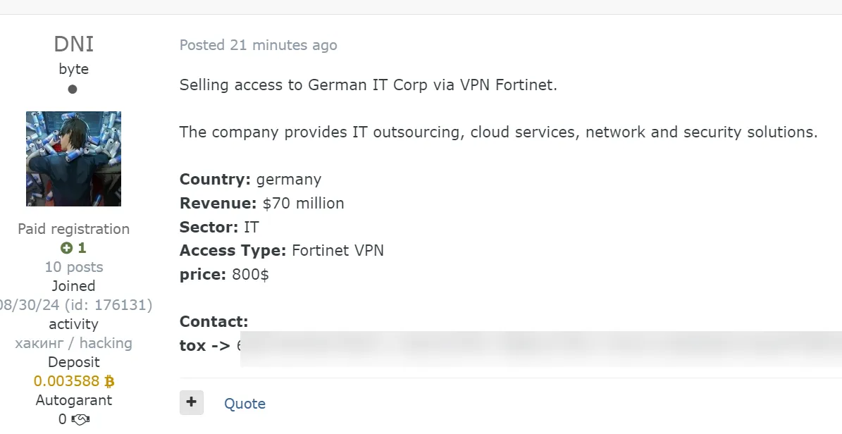 A Threat Actor is Allegedly Selling VPN Access to an Unidentified German IT Corp