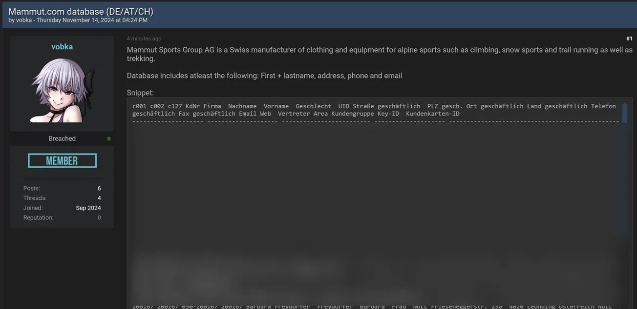 A Threat Actor Has Allegedly Leaked the Data of Mammut Sports Group AG