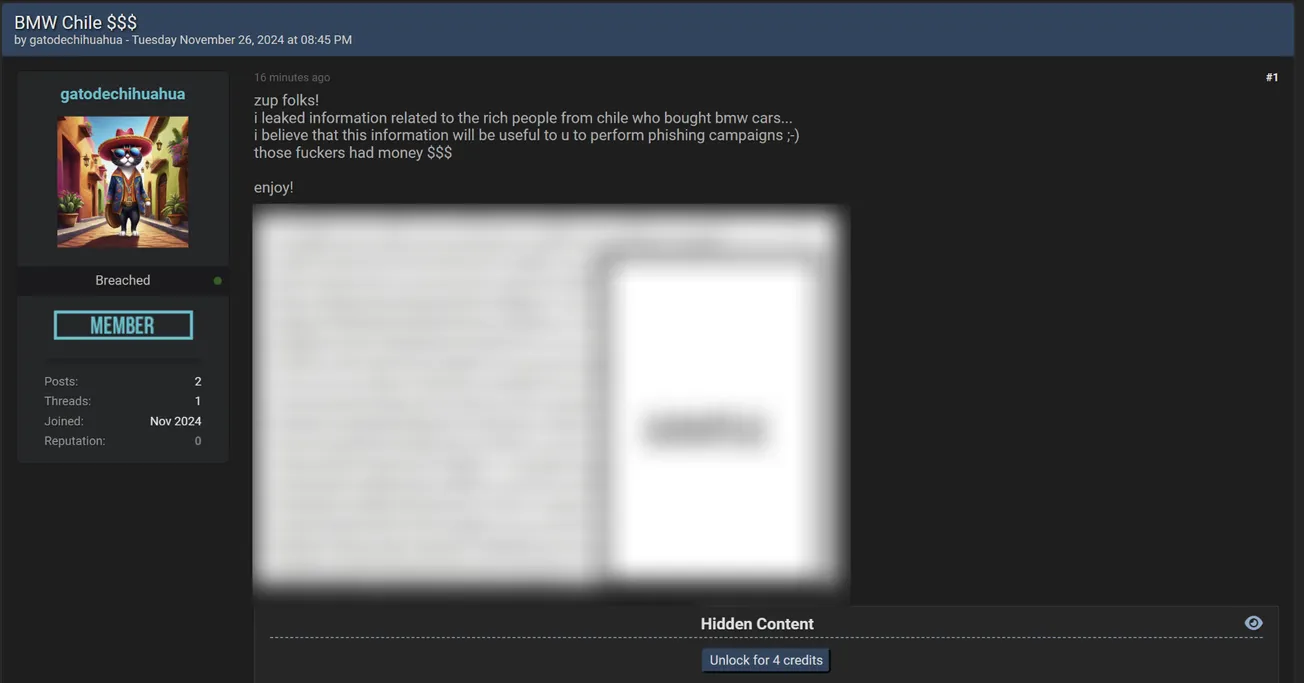 A Threat Actor Allegedly Leaked Customer Data of BMW Chile