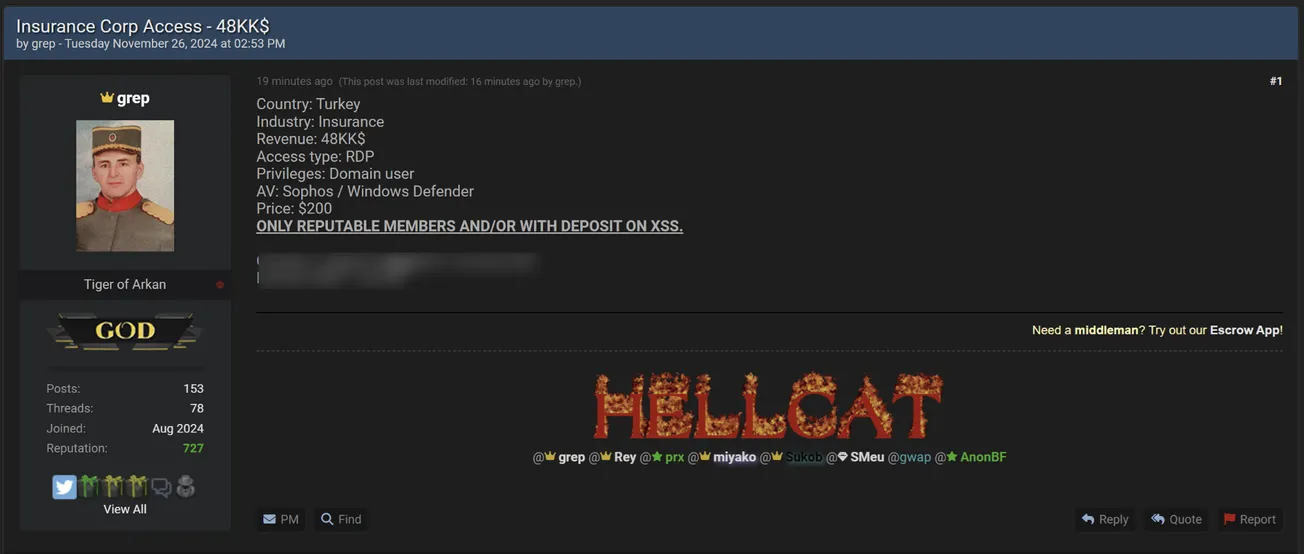 HELLCAT's grep is Claiming to Sell RDP Access of an Unidentified Insurance Company in Turkey