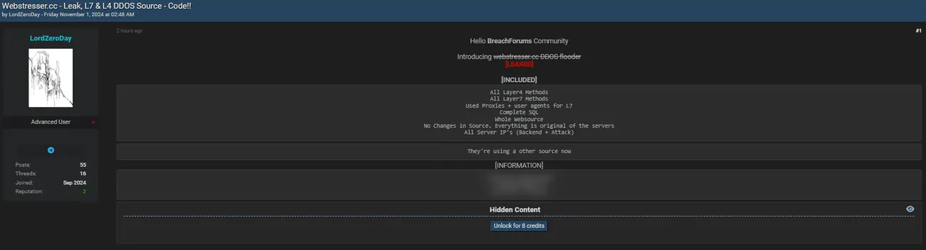 A Threat Actor Has Allegedly Leaked the Webstresser[.]cc Source Code