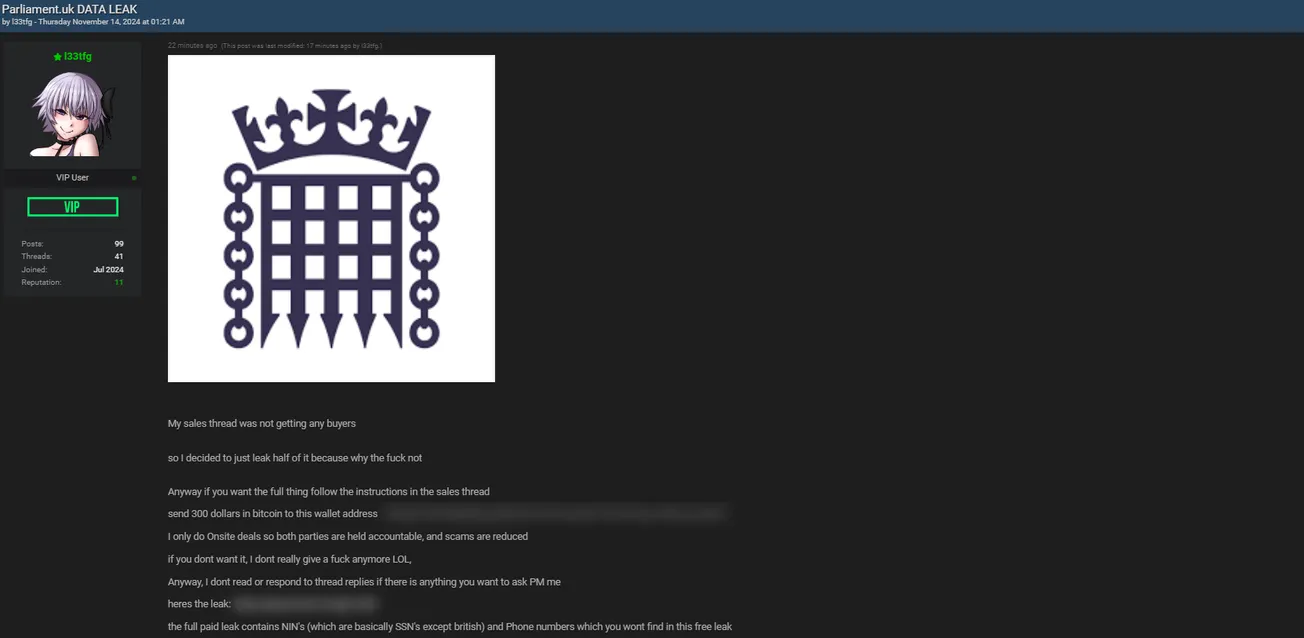 A Threat Actor Allegedly Leaked Data of the UK Parliament