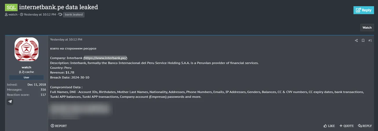 watch Has Allegedly Leaked The Data of Interbank Peru
