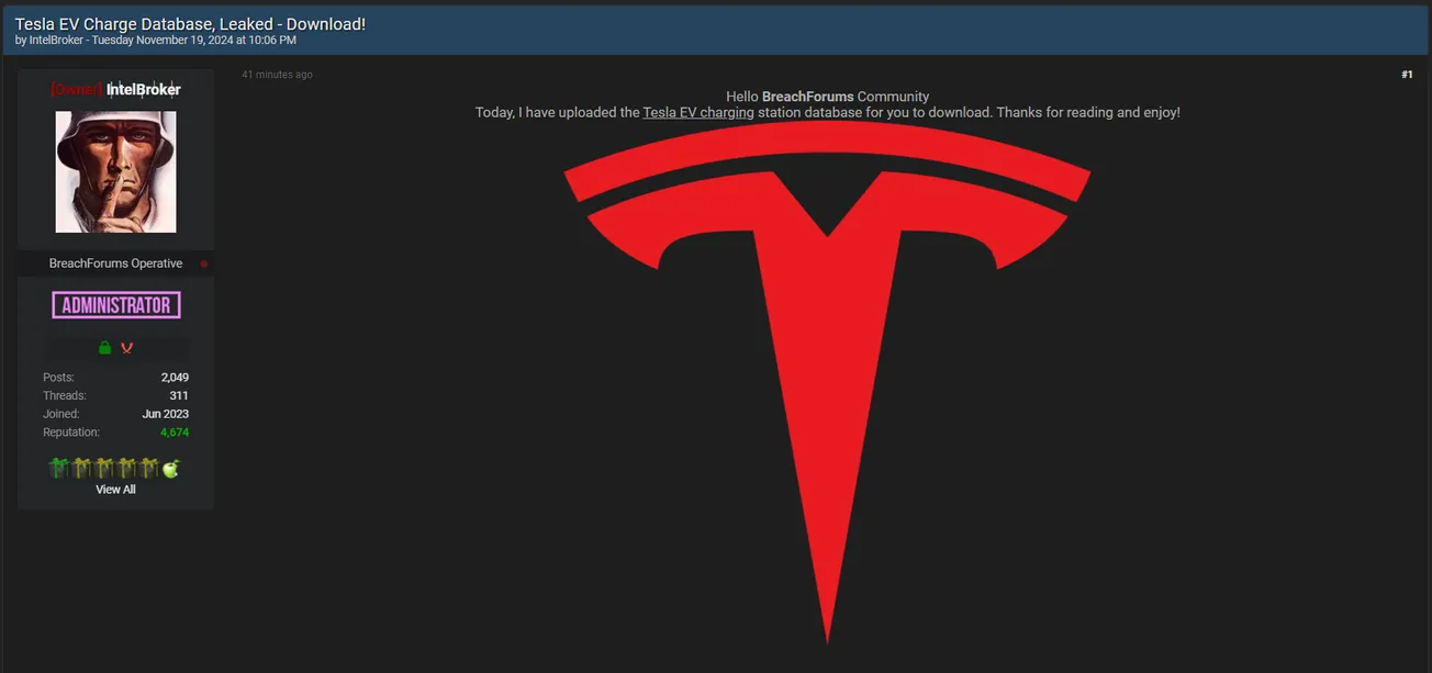 IntelBroker and EnergyWeaponUser Have Claimed to have Leaked Tesla EV Charging Station