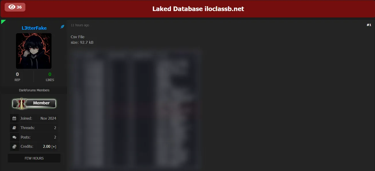 A Threat Actor Has Allegedly Leaked Data of iloclassb[.]net