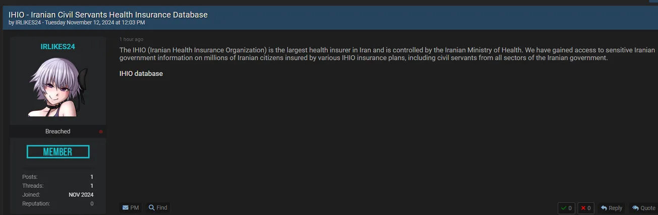 A Threat Actor Has Allegedly Leaked the Data of Iran Health Insurance Organization