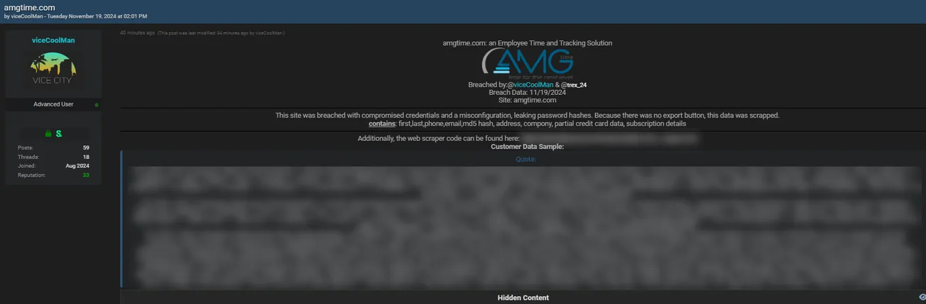 A Threat Actor Claims to have Leaked the Data of AMGtime