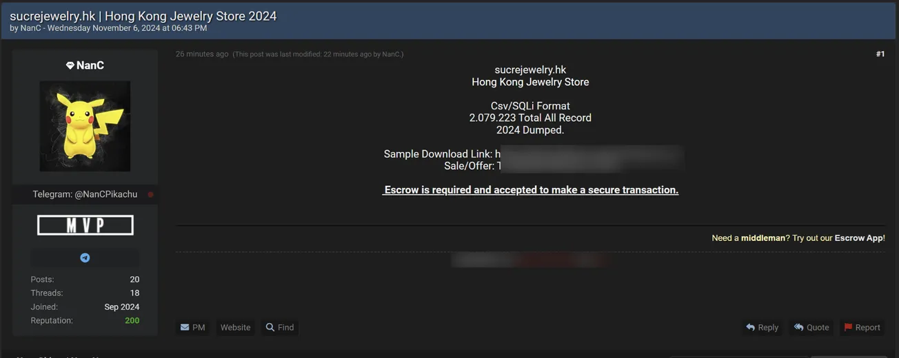 A Threat Actor is Allegedly Selling the Database of Sucre Jewelry Design Limited Containing Over 2 Million Lines of Data