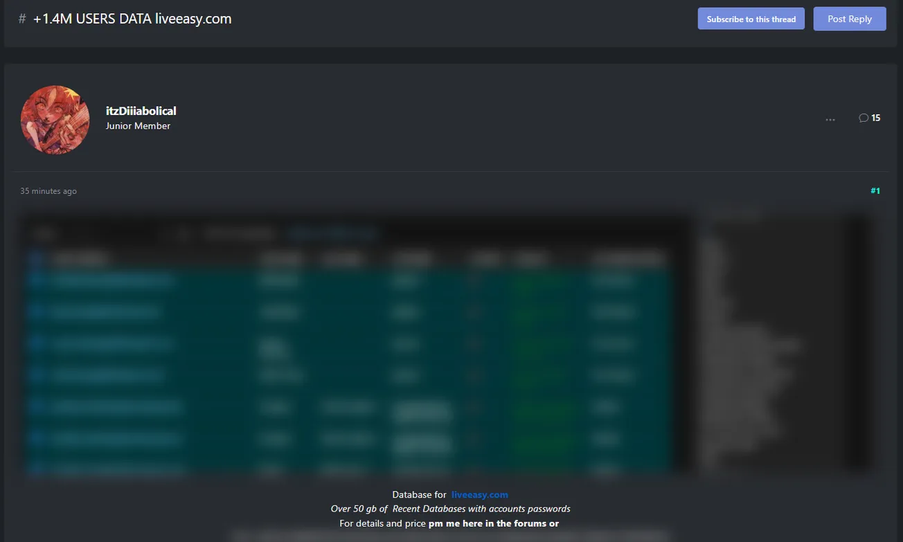 A Threat Actor is Allegedly Selling Data of LiveEasy
