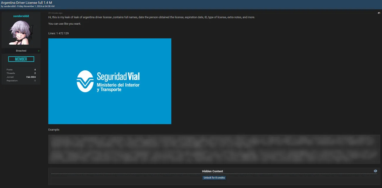 A Threat Actor Allegedly Leaked Driver's License Data from Argentina