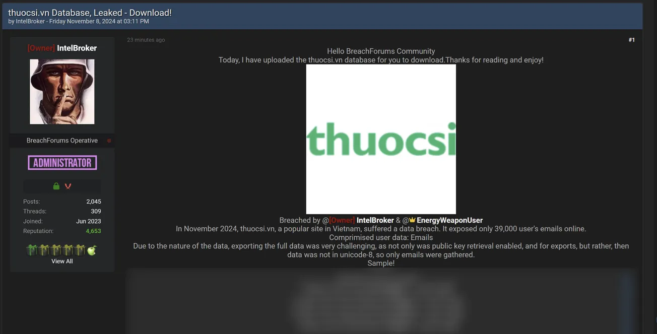 IntelBroker and EnergyWeaponUser Allegedly Has Leaked DAta of Thuocsi