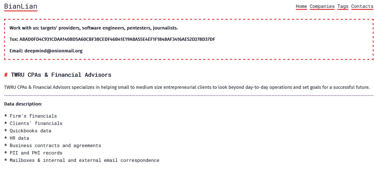 TWRU CPAs & Financial Advisors Has Been Claimed a Victim to BianLian Ransomware