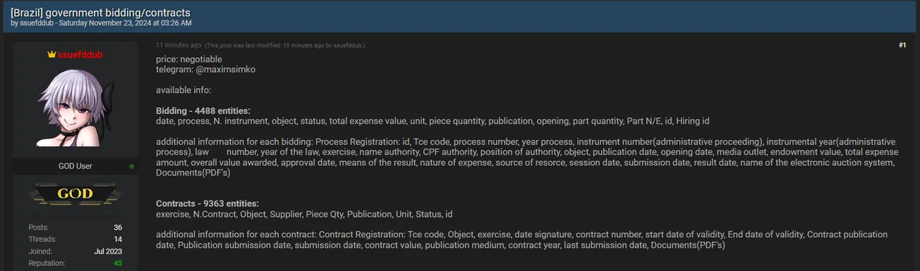A Threat Actor Claims to be Selling Data of an Unidentified Brazil Government Bidding/Contracts System