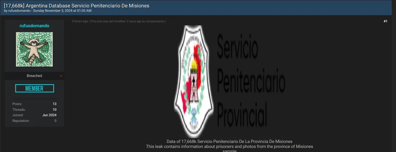 A Threat Actor has Allegedly Leaked Data of Penitentiary Service of the Province of Misiones