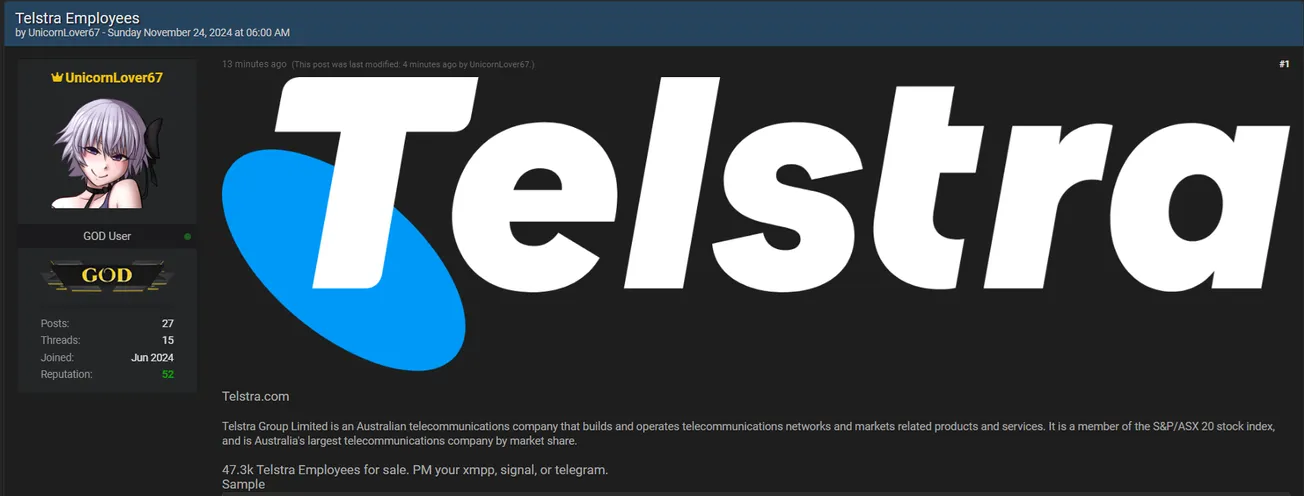 UnicornLover67 is Allegedly Selling Data of Telstra