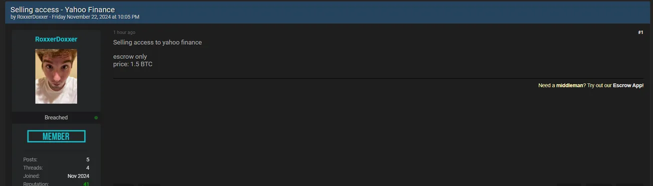 A Threat Actor Claims to be Selling Access to Yahoo Finance for 1.5 BTC