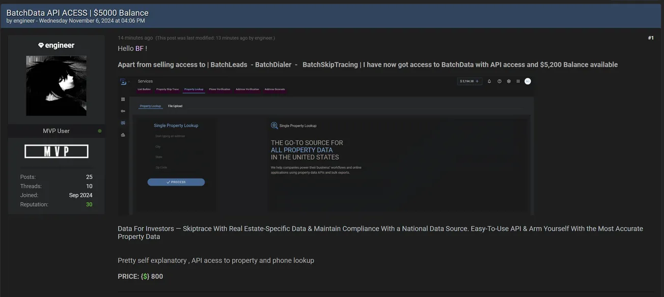 engineer is Allegedly Selling API Access of BatchSkipTracing