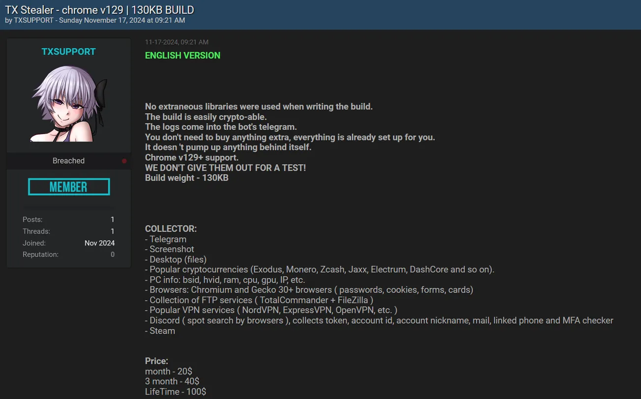 A Threat Actor is Allegedly Selling TX Stealer