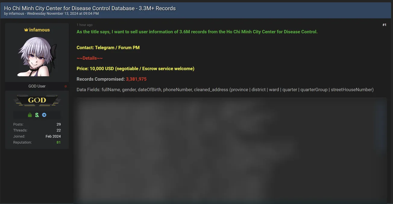 infamous is Allegedly Selling Data of Ho Chi Minh City Center for Disease Control