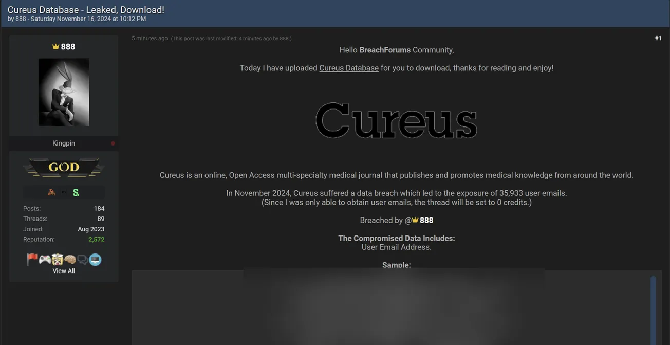 888 Has Allegedly Leaked the Data of Cureus