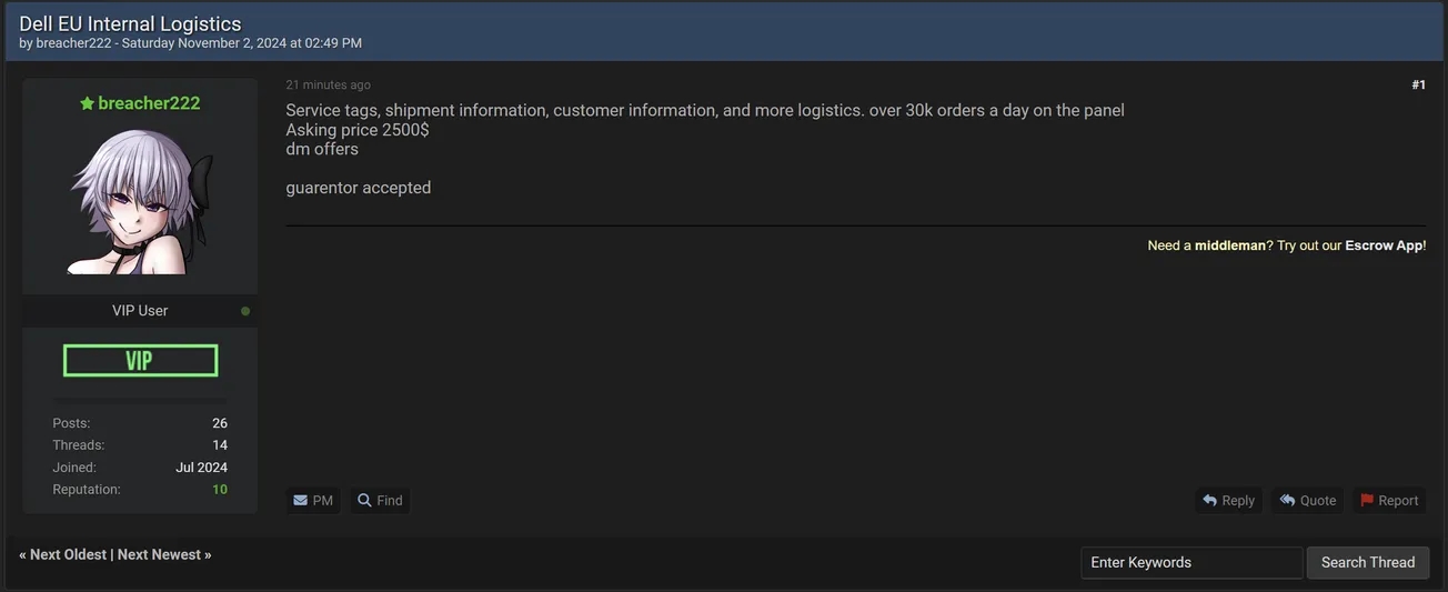 A Threat Actor is Allegedly Selling Panel Access of Dell EU Internal Logistics