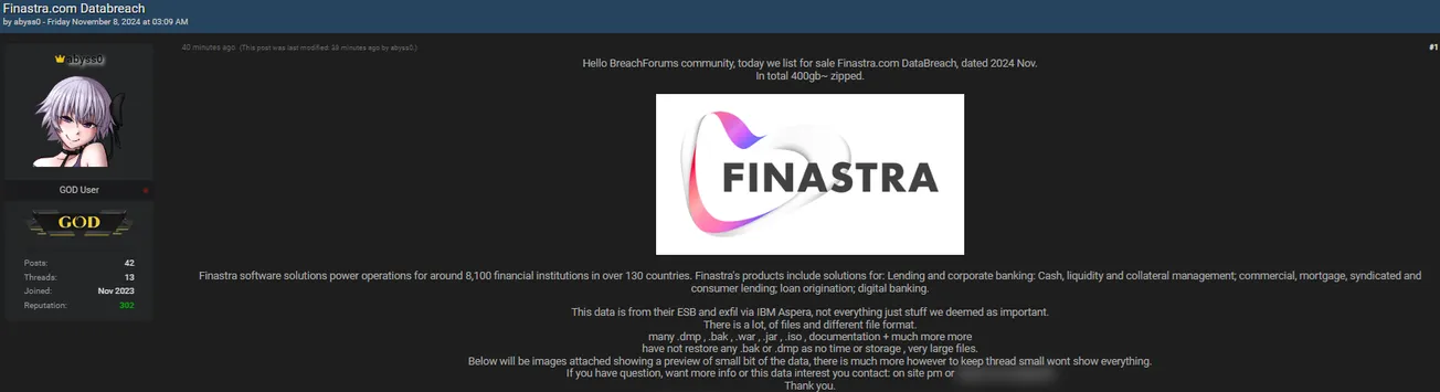 abyss0 is Allegedly Selling Data of Finastra