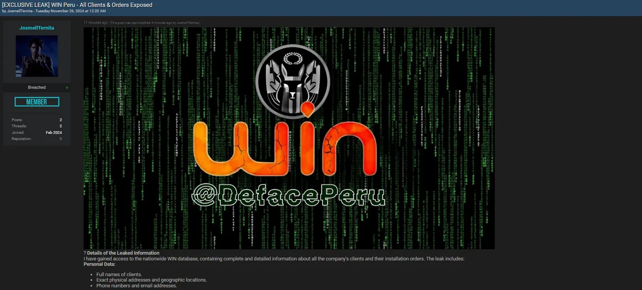 A Threat Actor Claims to have Leaked the Data of WIN Peru