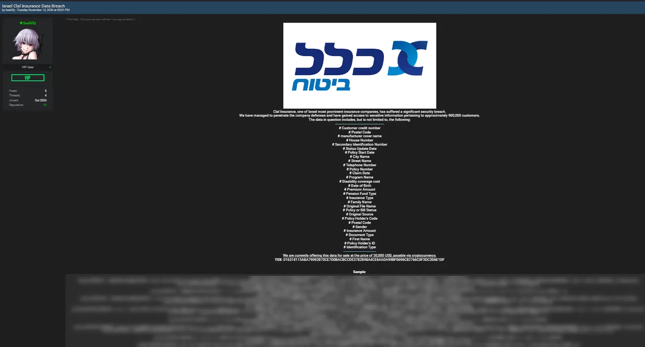 A Threat Actor is Selling Data of Israel Clal Insurance