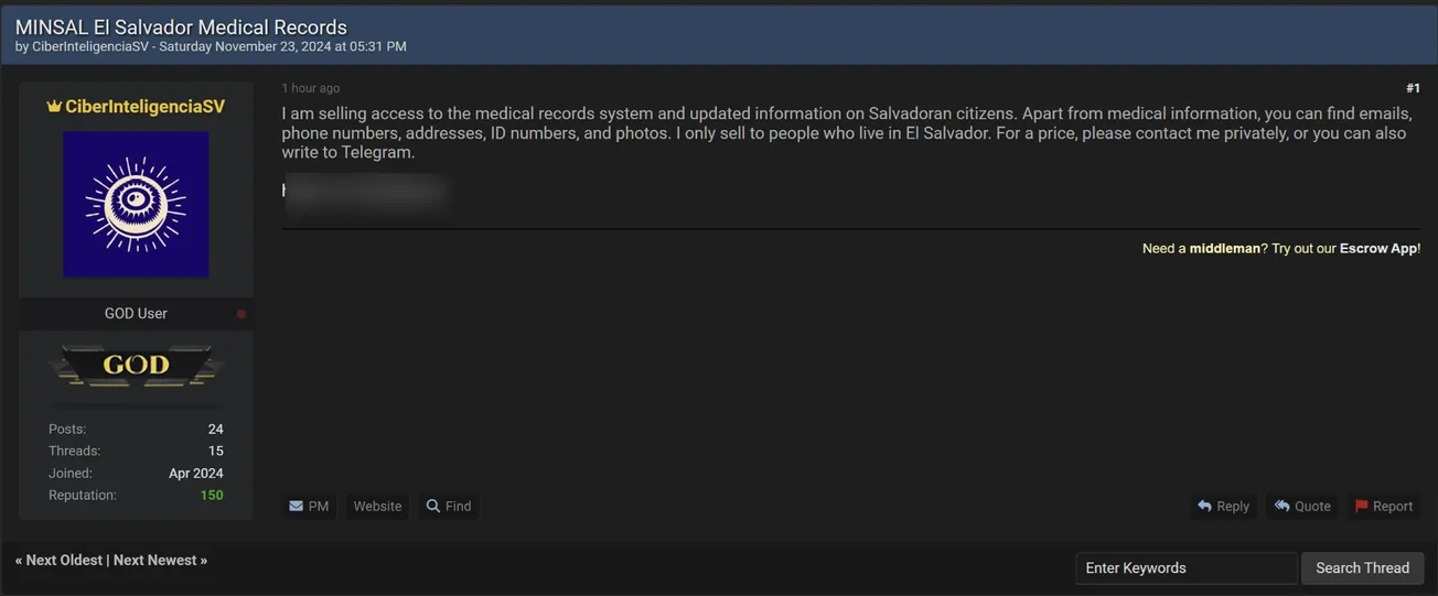 A Threat Actor is Allegedly Selling Medical Records of Ministry of Health of El Salvador