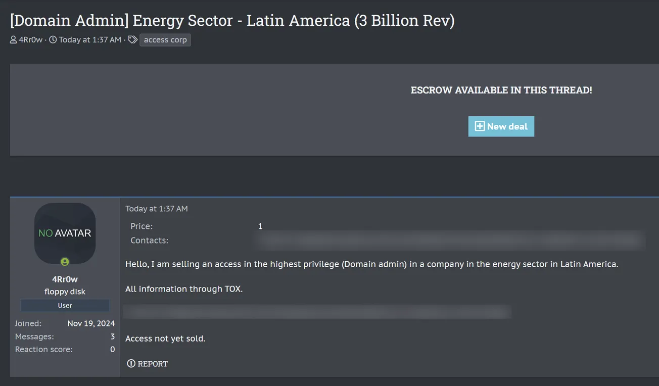 A Threat Actor is Allegedly Selling Access to an Unidentified Energy Company in Latin America With $3 Billion in Revenue