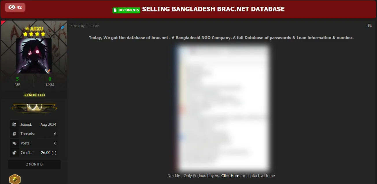 A Threat Actor is Allegedly Selling the Database of BRAC