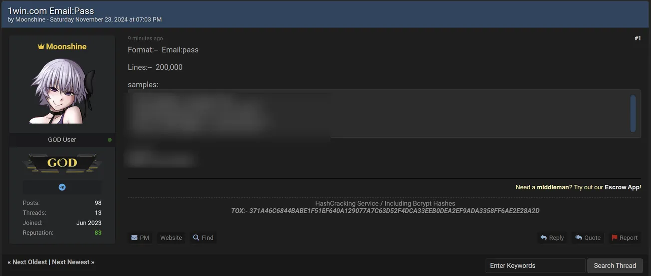 Moonshine is Claiming to be Selling 1Win Email and Passwords