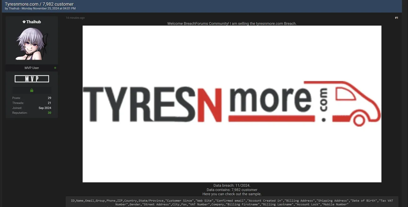 A Threat Actor is Claiming to be Selling Data of Tyresnmore