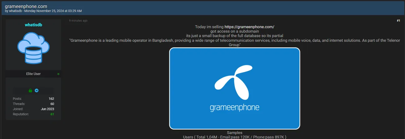 A Threat Actor is Allegedly Selling the Data of Grameenphone