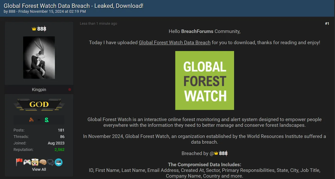 888 Has Allegedly Leaked the DAta of Global Forest Watch