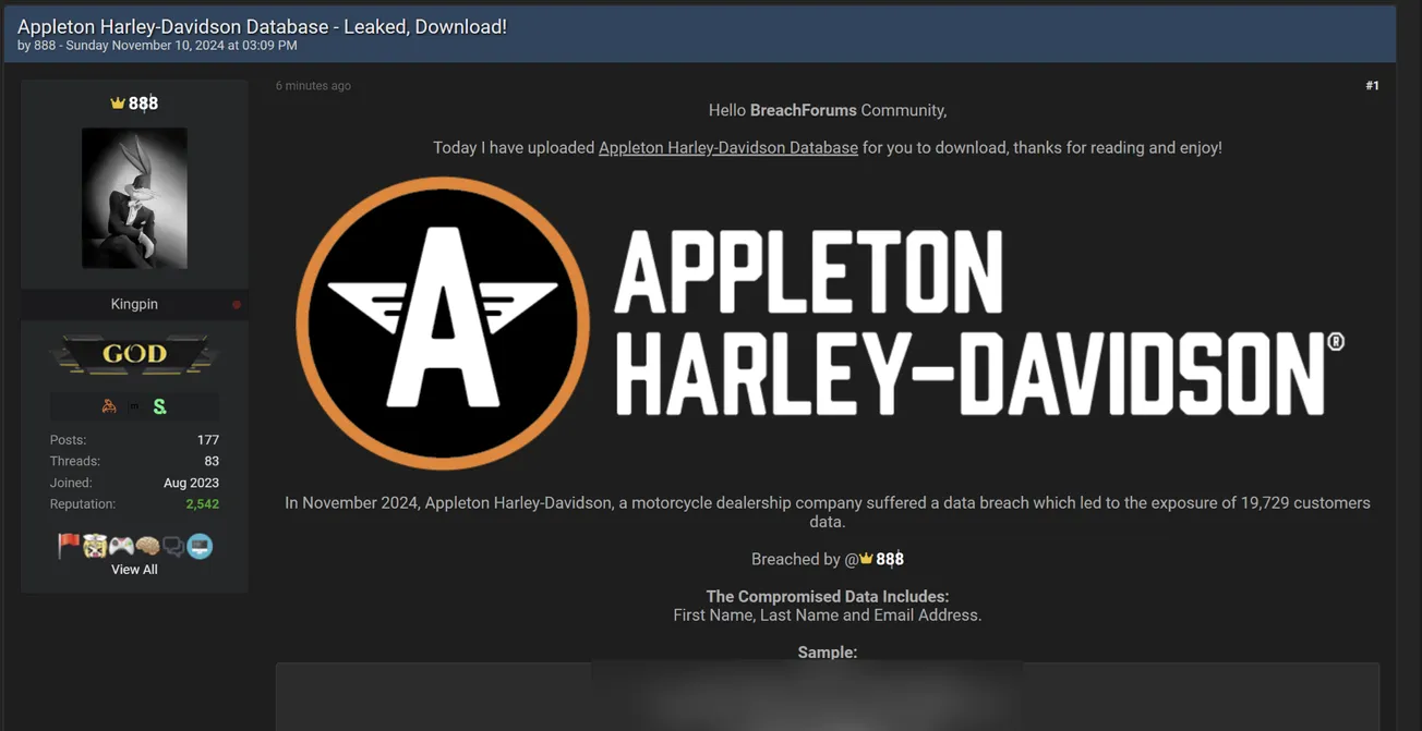 888 Has Allegedly Leaked the Data of Appleton Harley-Davidson