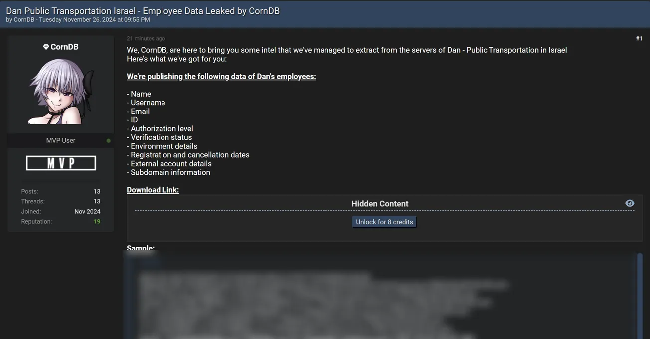 CornDB Claims to have Leaked the Data of Dan Company For Public Transportation