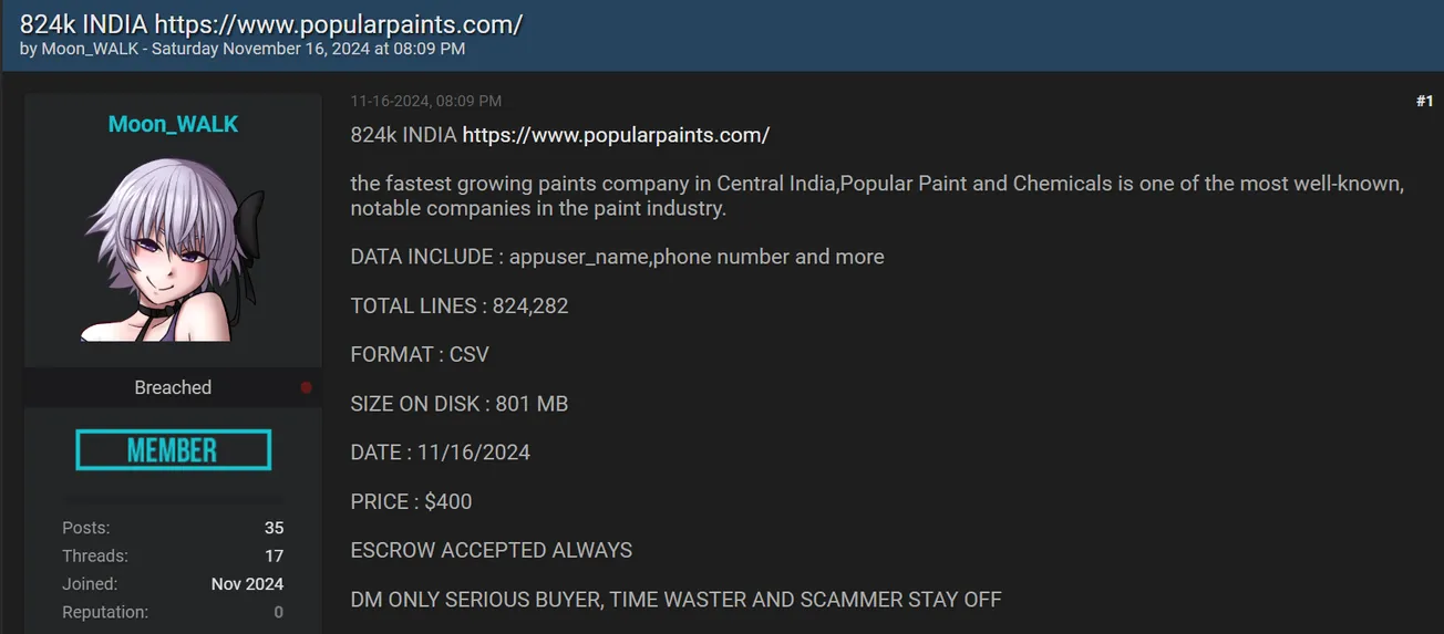 A Threat Actor is Allegedly Selling Data of Popular Paints and Chemicals