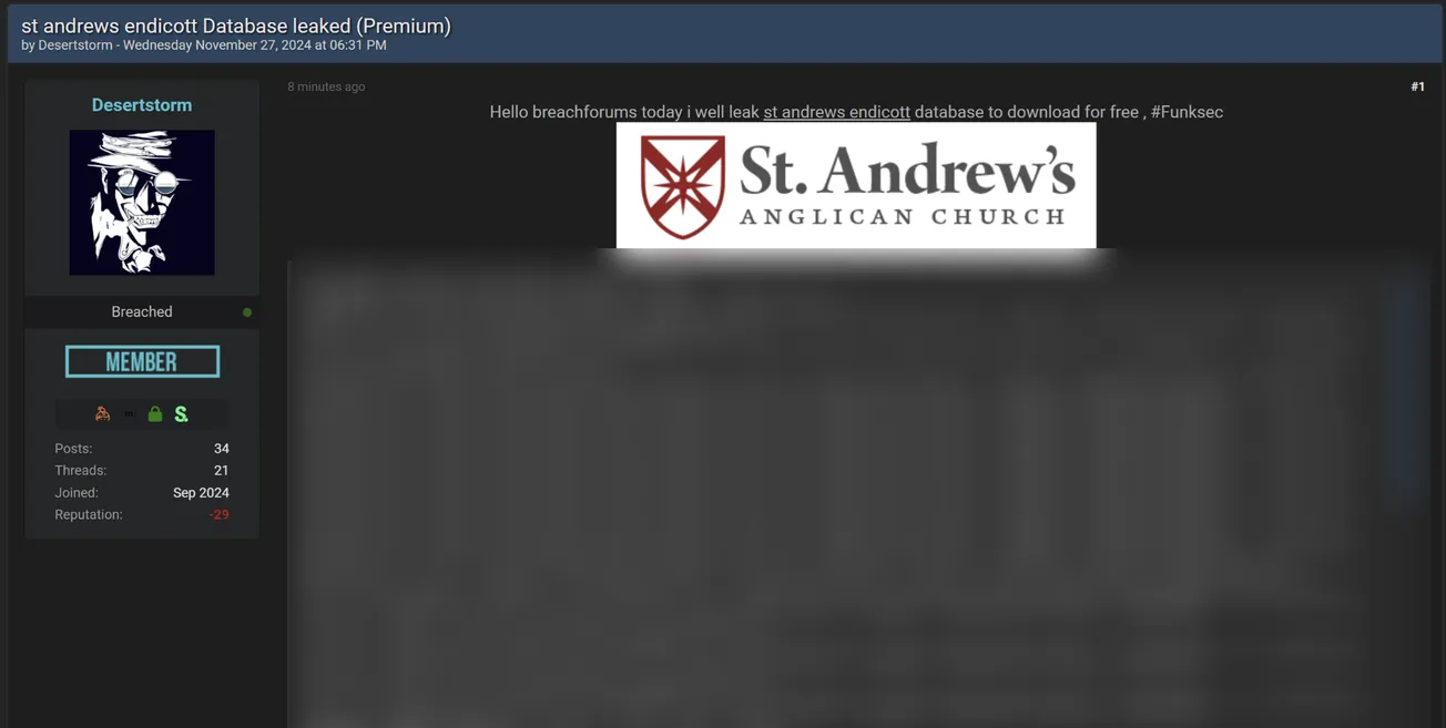 A Threat Actor Has Allegedly Leaked the Data of St. Andrew's Endicott