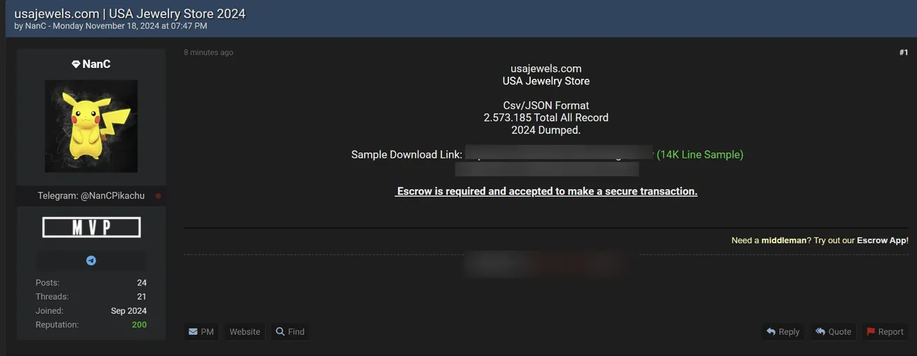 A Threat Actor is Allegedly Selling Data of USA Jewels