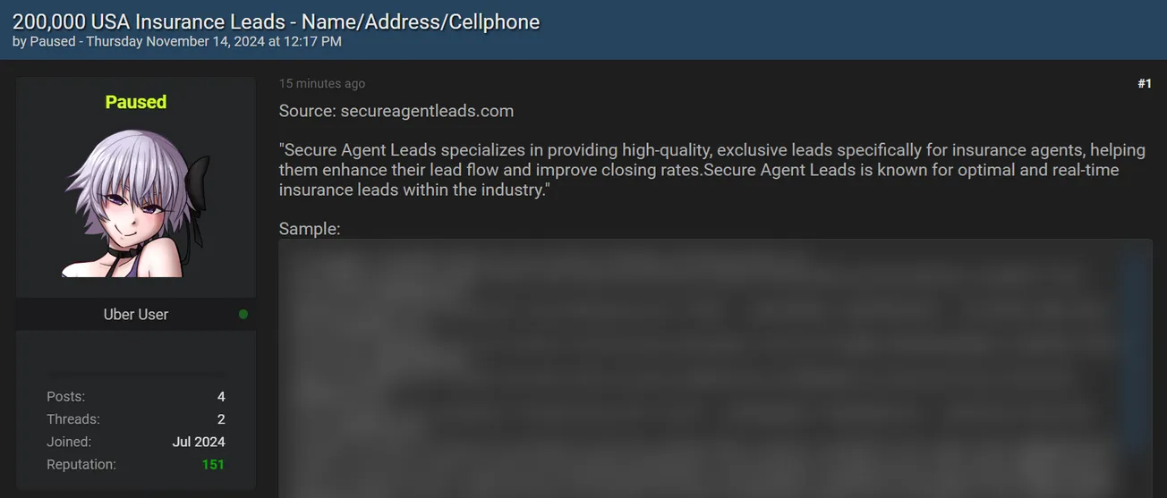 A Threat Actor Has Allegedly Leaked Data of Secure Agent Leads