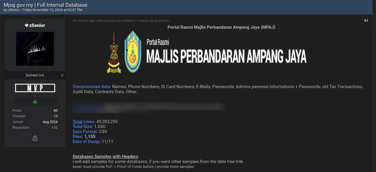 A Threat Actor is Allegedly Selling the Data of Ampang Jaya Municipal Council (MPAJ)