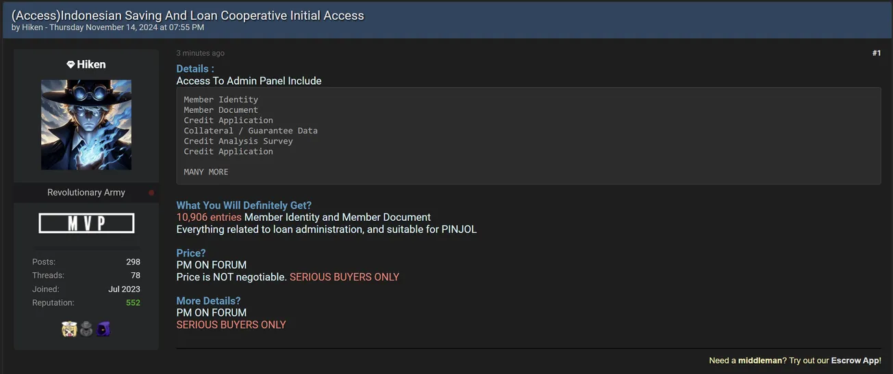 Hiken is Allegedly Selling Admin Panel Access of a Loan Company in Indonesia